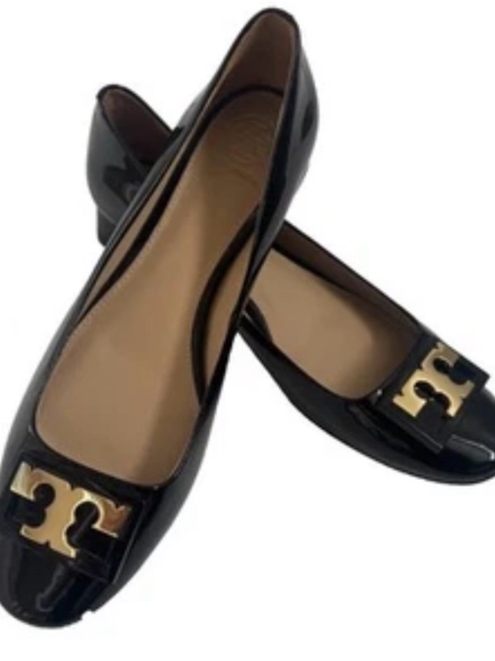 Tory Burch Patent Leather Black Shoes 9 Small Heel Slip On Gold Logo